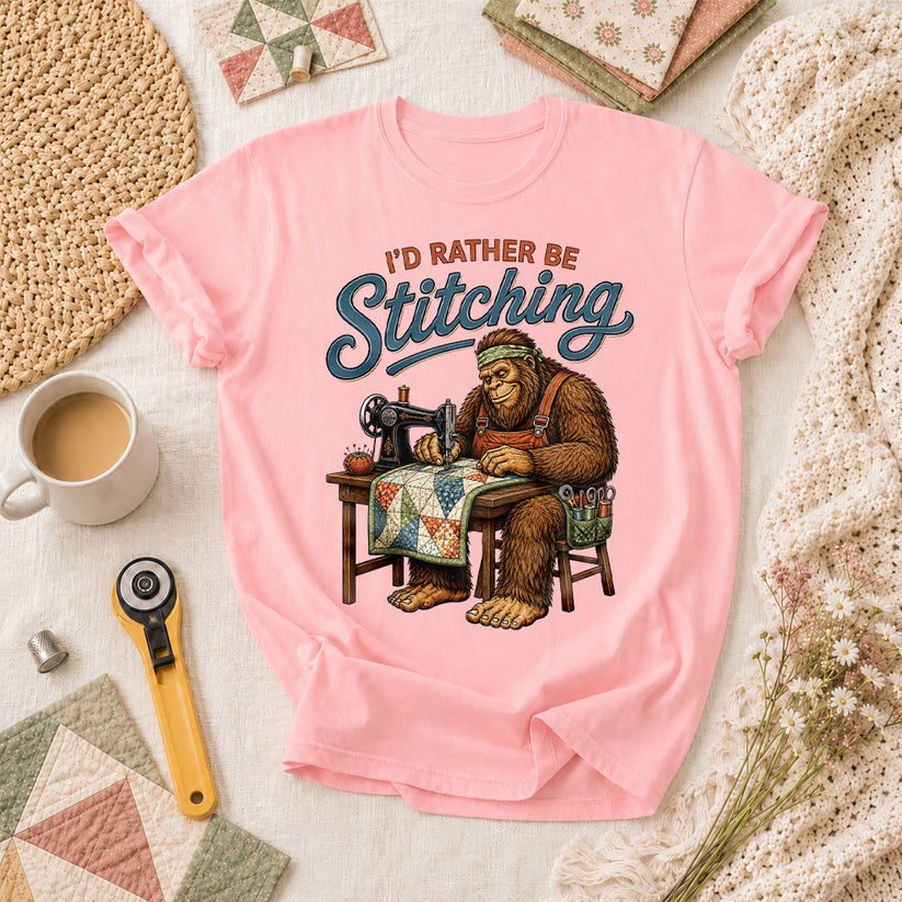 Id Rather Be Stitching Bigfoot Sewing Machine T-Shirt - Pink