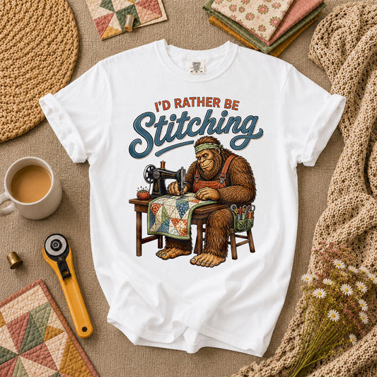 Id Rather Be Stitching Bigfoot Sewing Machine T-Shirt - White