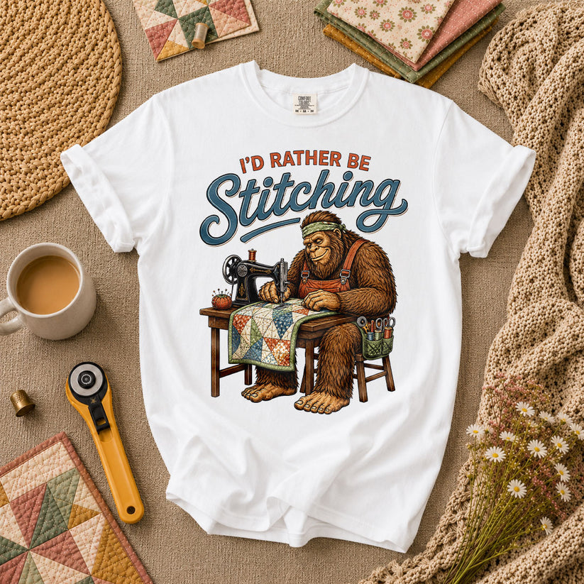 Id Rather Be Stitching Bigfoot Sewing Machine T-Shirt - White