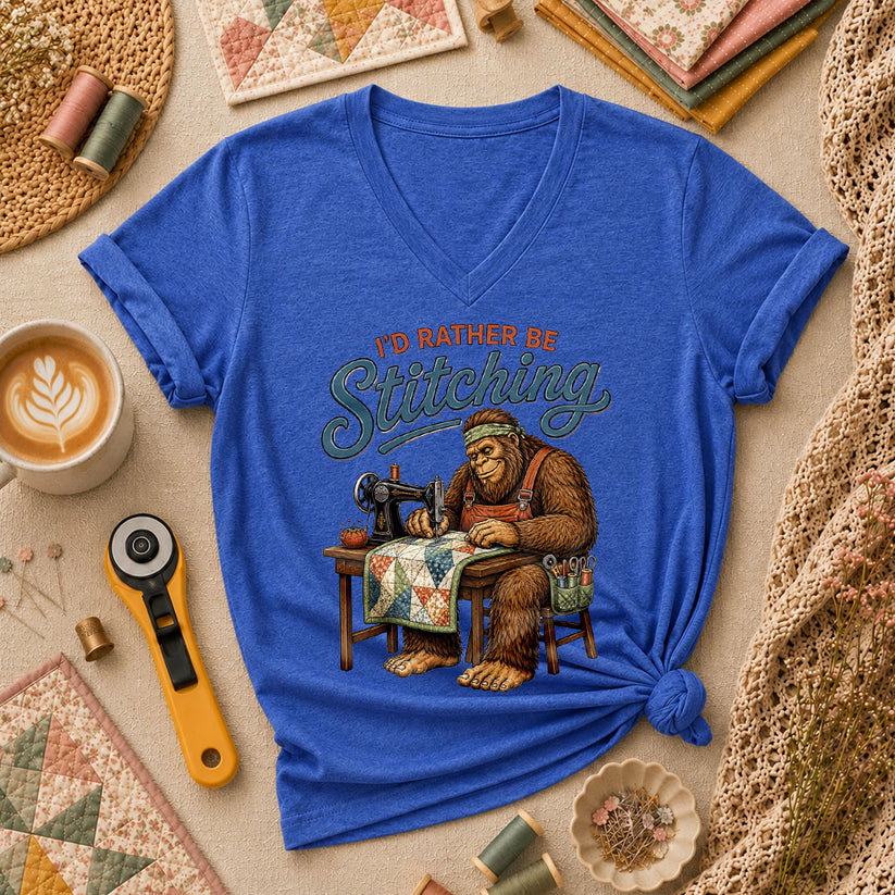 Id Rather Be Stitching Bigfoot Sewing Machine Women's V-Neck - Heather True Royal