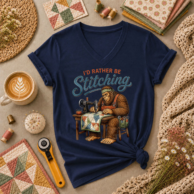 Id Rather Be Stitching Bigfoot Sewing Machine Women's V-Neck - Navy