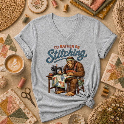 Id Rather Be Stitching Bigfoot Sewing Machine Women's V-Neck - Sport Grey