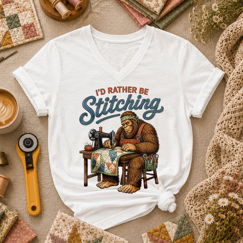 Id Rather Be Stitching Bigfoot Sewing Machine Women's V-Neck - White