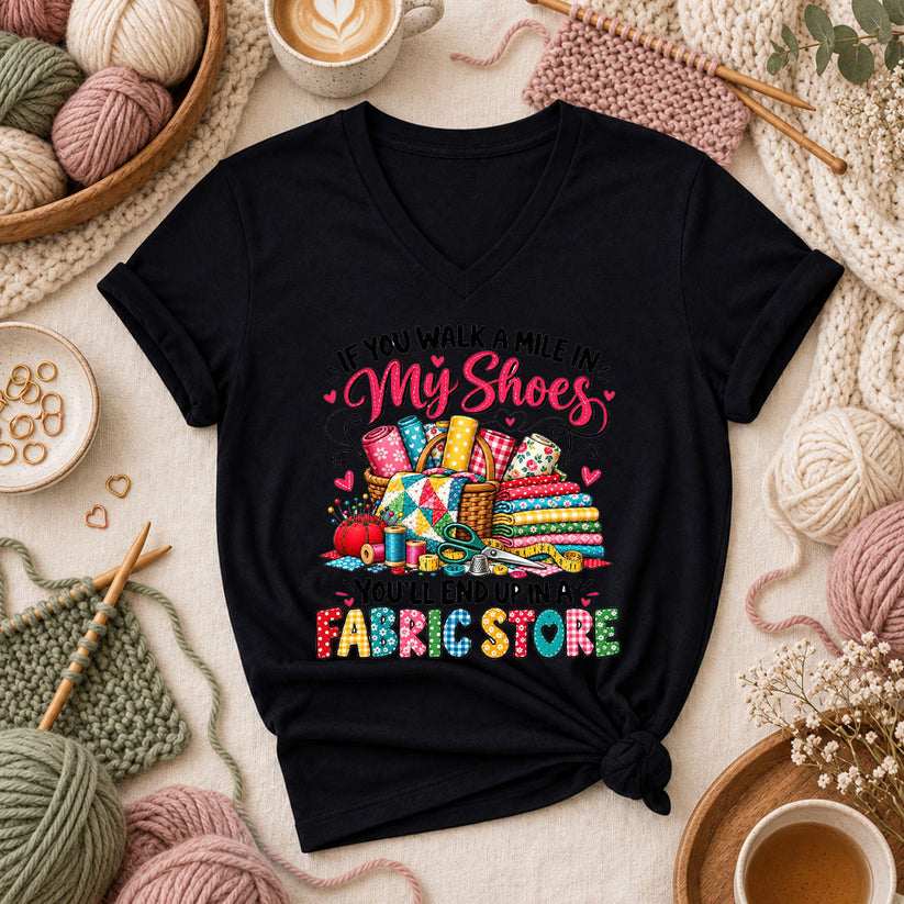 If You Walk A Mile In My Shoes You'll End Up In A Fabric Store Women's V-Neck - Black