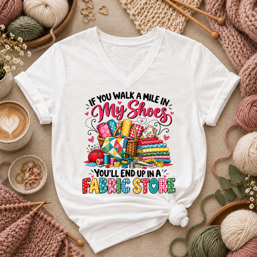If You Walk A Mile In My Shoes You'll End Up In A Fabric Store Women's V-Neck - White