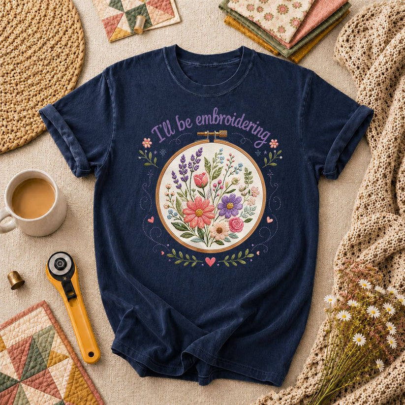 Ill Be Embroidering Floral Embroidery Hoop T-Shirt - Navy