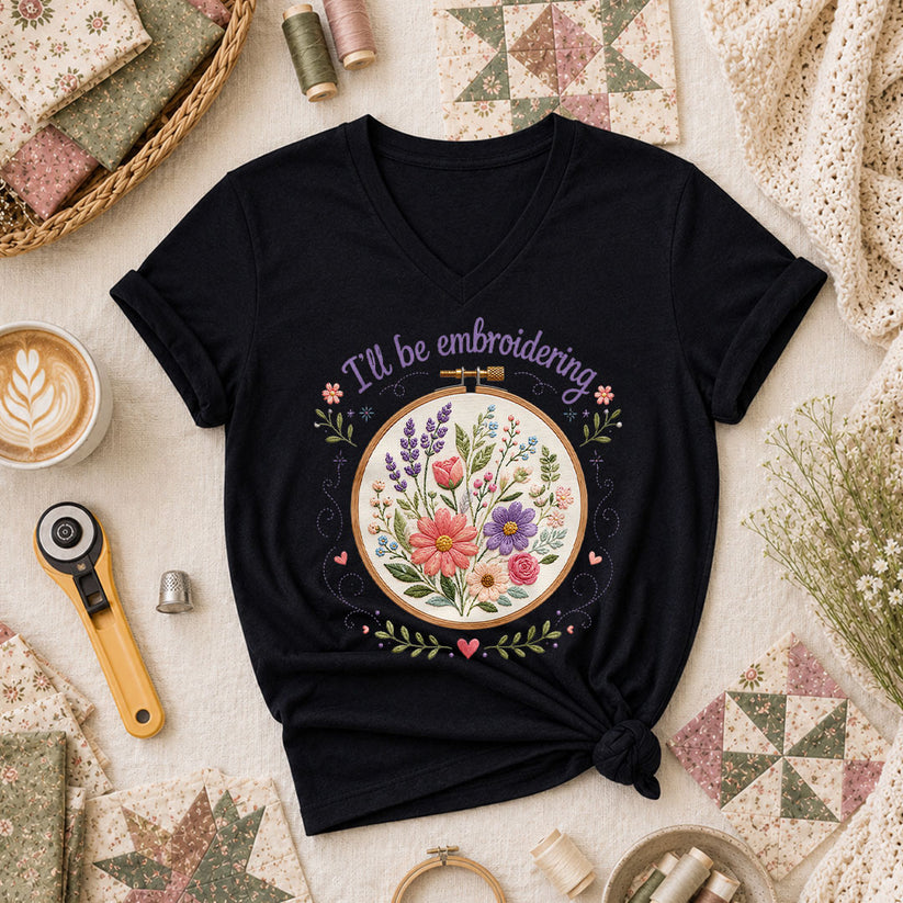Ill Be Embroidering Floral Embroidery Hoop Women's V-Neck - Black