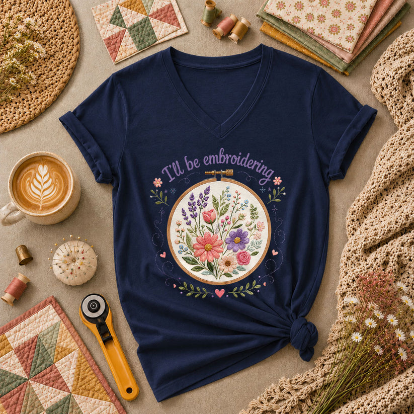 Ill Be Embroidering Floral Embroidery Hoop Women's V-Neck - Navy
