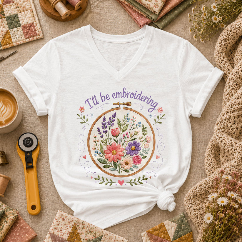 Ill Be Embroidering Floral Embroidery Hoop Women's V-Neck - White