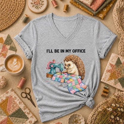 Ill Be In My Office Hedgehog Quilter Women's V-Neck - Athletic Heather