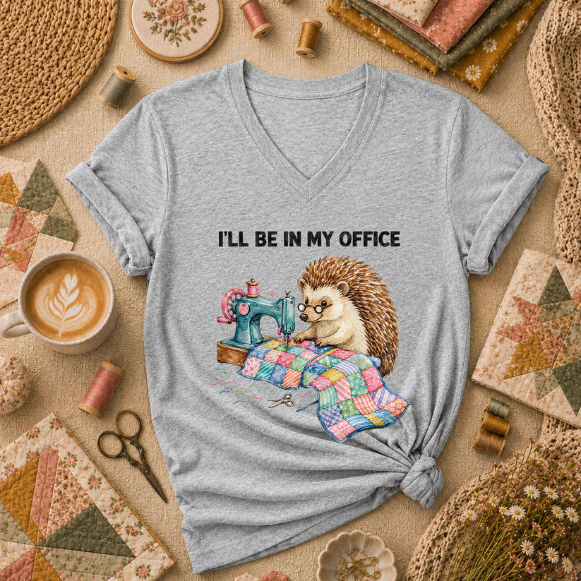 Ill Be In My Office Hedgehog Quilter Women's V-Neck - Athletic Heather