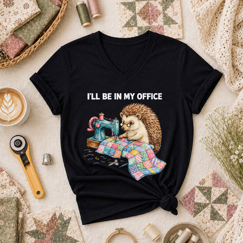 Ill Be In My Office Hedgehog Quilter Women's V-Neck - Black