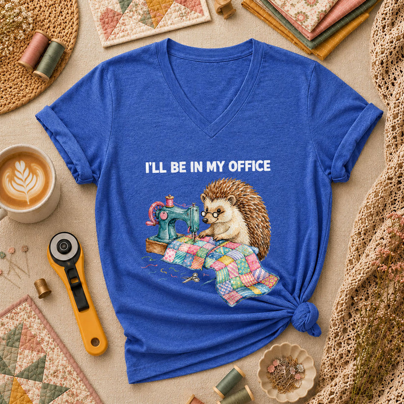 Ill Be In My Office Hedgehog Quilter Women's V-Neck - Heather True Royal