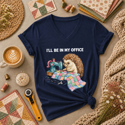 Ill Be In My Office Hedgehog Quilter Women's V-Neck - Navy