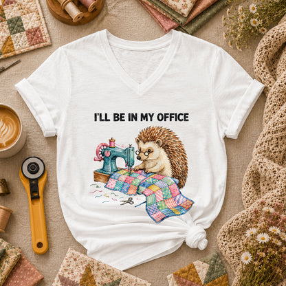 Ill Be In My Office Hedgehog Quilter Women's V-Neck - White