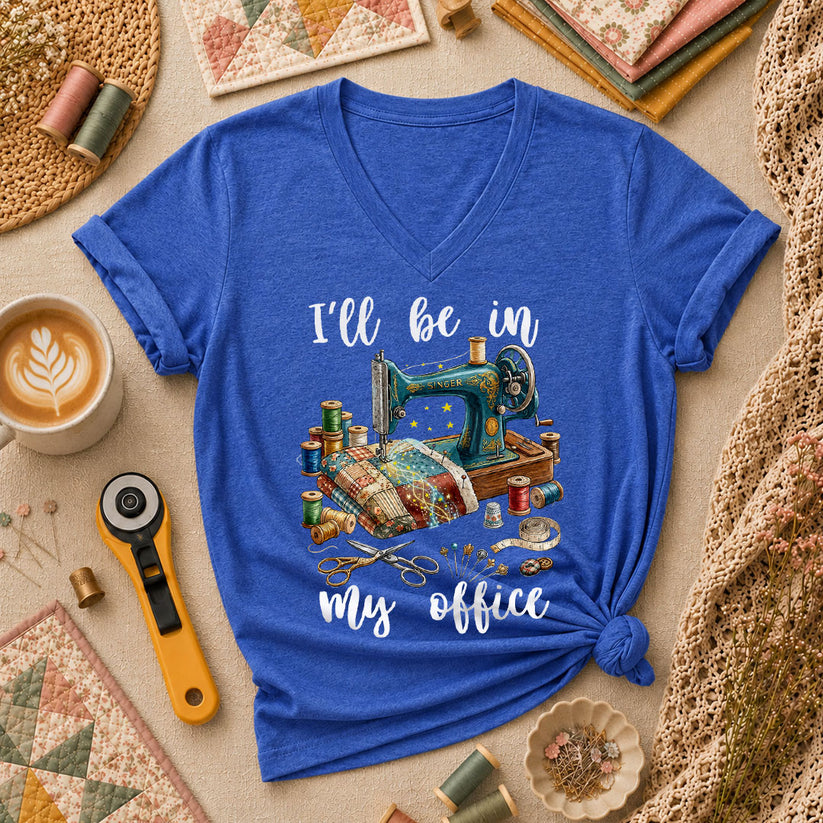 Ill Be In My Office Sewing Room Women's V-Neck - Heather True Royal