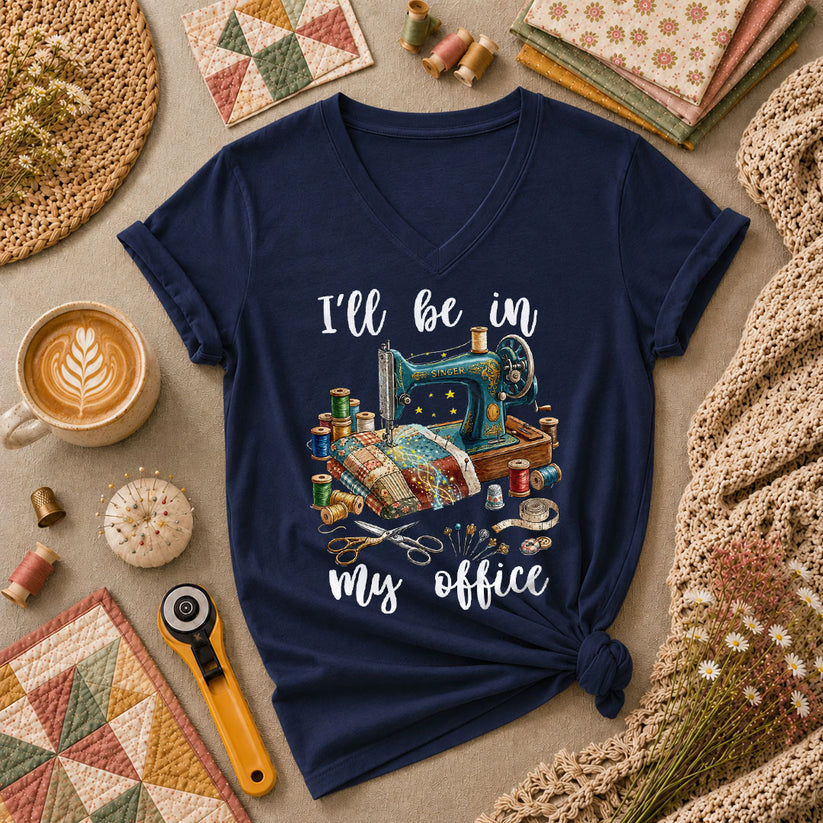 Ill Be In My Office Sewing Room Women's V-Neck - Navy