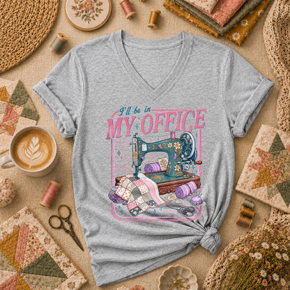 Ill Be In My Office Vintage Sewing Machine Women's V-Neck - Athletic Heather