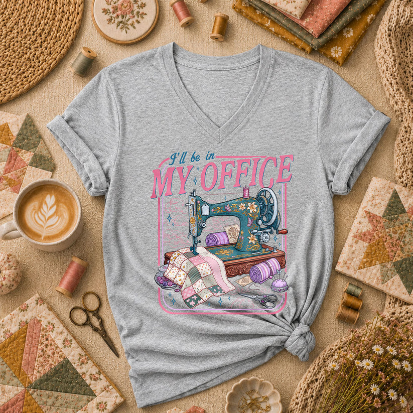Ill Be In My Office Vintage Sewing Machine Women's V-Neck - Athletic Heather