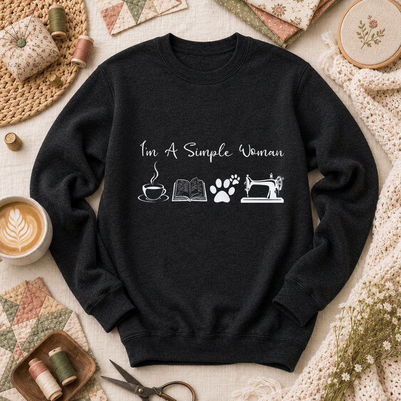 I'm A Simple Woman Coffee Book Cat Sewing Long Sleeve - Black