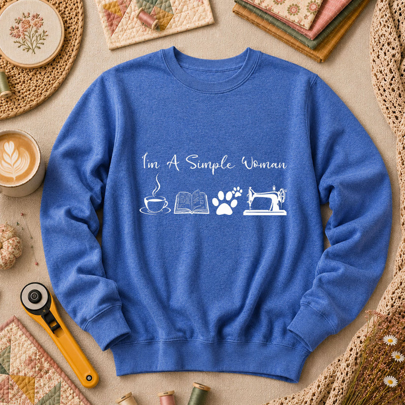 I'm A Simple Woman Coffee Book Cat Sewing Long Sleeve - Heather True Royal