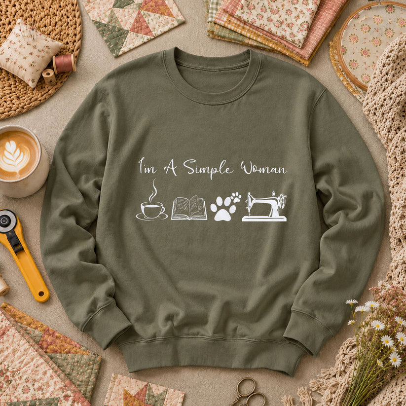 I'm A Simple Woman Coffee Book Cat Sewing Long Sleeve - Military Green