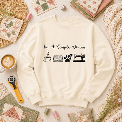 I'm A Simple Woman Coffee Book Cat Sewing Long Sleeve - Natural