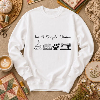 I'm A Simple Woman Coffee Book Cat Sewing Long Sleeve - White