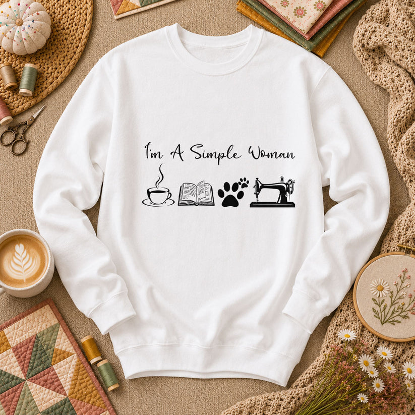 I'm A Simple Woman Coffee Book Cat Sewing Long Sleeve - White
