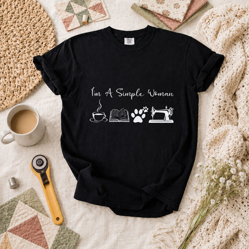 I'm A Simple Woman Coffee Book Cat Sewing T-Shirt - Black