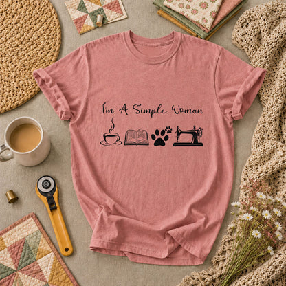 I'm A Simple Woman Coffee Book Cat Sewing T-Shirt - Heather Mauve