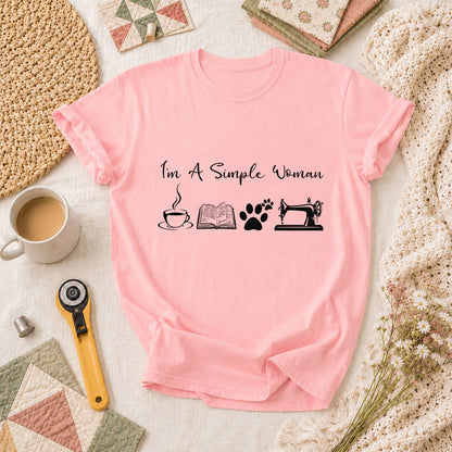 I'm A Simple Woman Coffee Book Cat Sewing T-Shirt - Pink