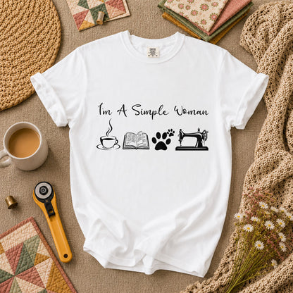 I'm A Simple Woman Coffee Book Cat Sewing T-Shirt - White
