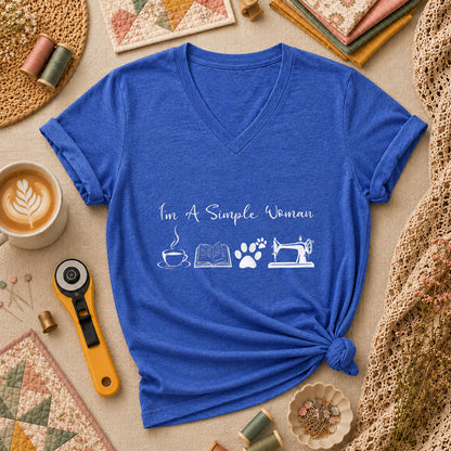 I'm A Simple Woman Coffee Book Cat Sewing Women's V-Neck - Heather True Royal