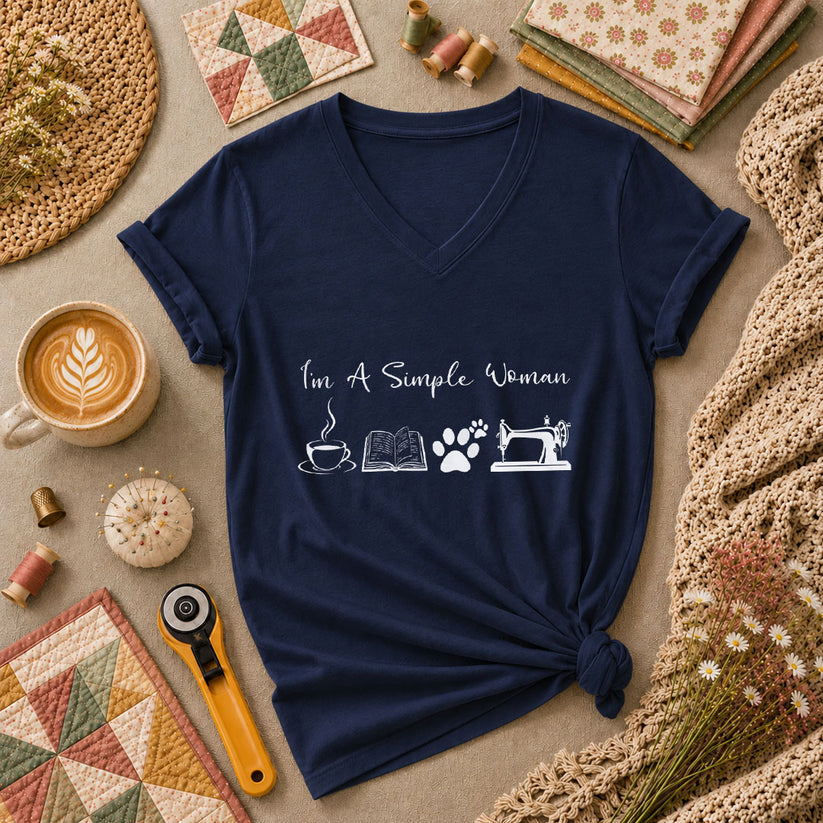 I'm A Simple Woman Coffee Book Cat Sewing Women's V-Neck - Navy