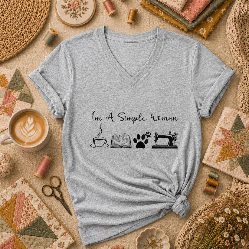 I'm A Simple Woman Coffee Book Cat Sewing Women's V-Neck - Sport Grey