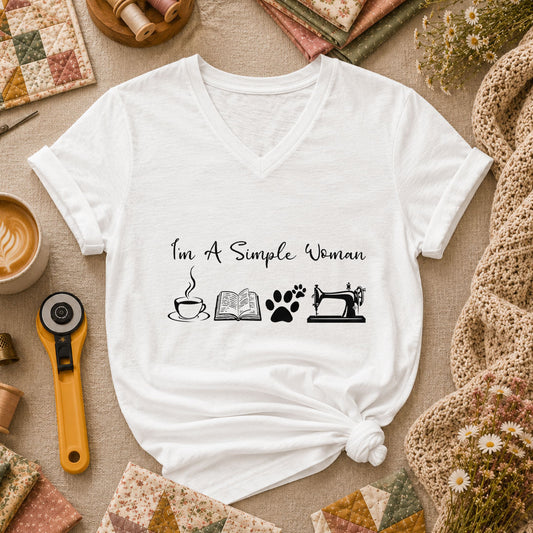 I'm A Simple Woman Coffee Book Cat Sewing Women's V-Neck - White