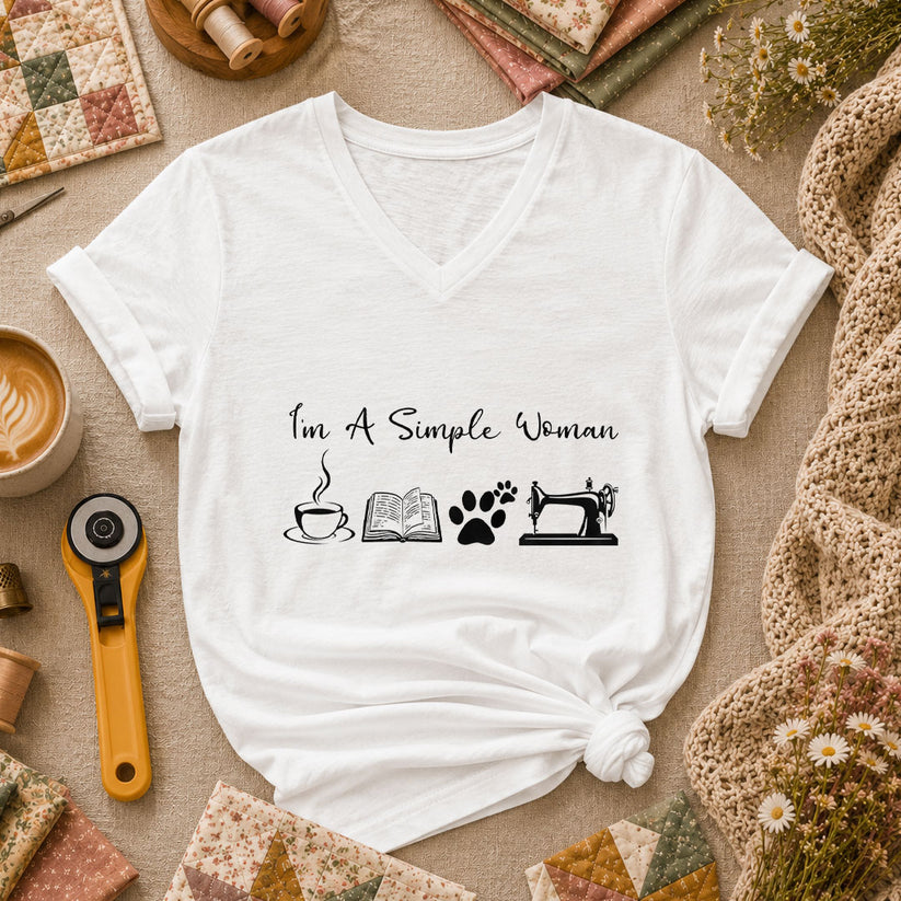 I'm A Simple Woman Coffee Book Cat Sewing Women's V-Neck - White