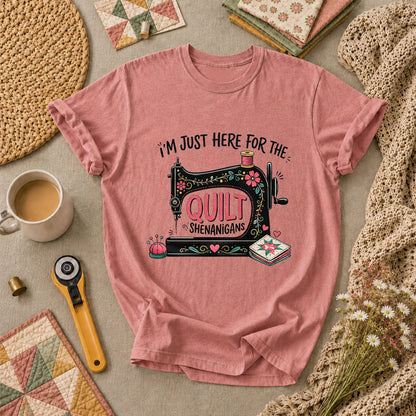 Im Just Here For The Quilt Shenanigans Sewing Machine T-Shirt - Heather Mauve