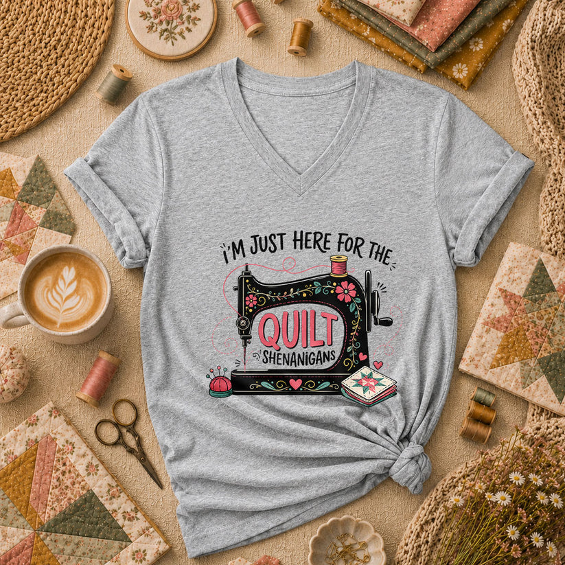 Im Just Here For The Quilt Shenanigans Sewing Machine Women's V-Neck - Athletic Heather