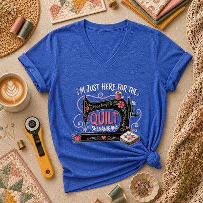 Im Just Here For The Quilt Shenanigans Sewing Machine Women's V-Neck - Heather True Royal