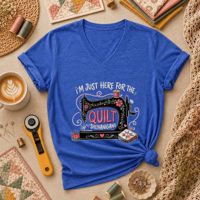 Im Just Here For The Quilt Shenanigans Sewing Machine Women's V-Neck - Heather True Royal