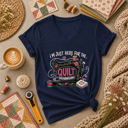 Im Just Here For The Quilt Shenanigans Sewing Machine Women's V-Neck - Navy