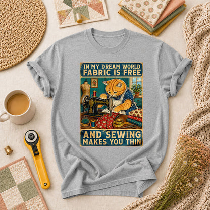 In My Dream World Fabric Is Free Sewing Cat T-Shirt - Athletic Heather