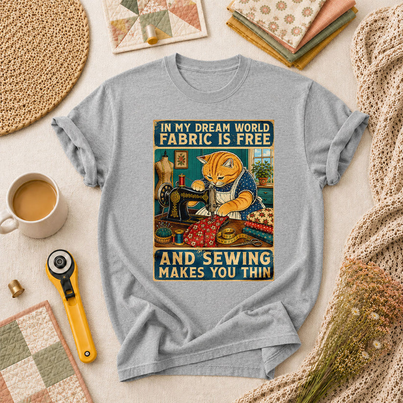In My Dream World Fabric Is Free Sewing Cat T-Shirt - Athletic Heather