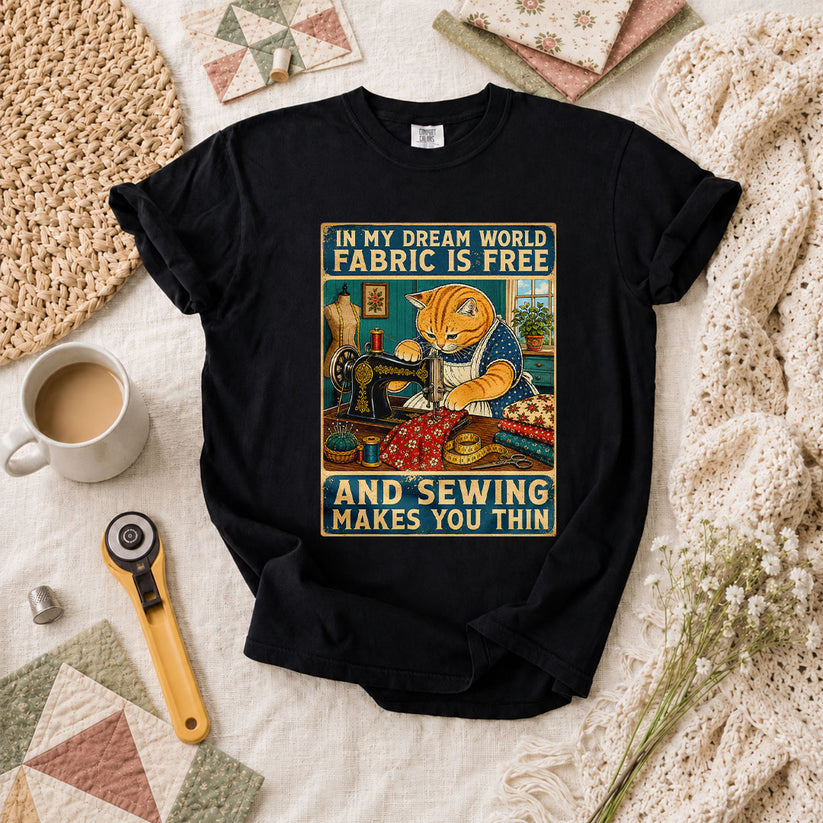 In My Dream World Fabric Is Free Sewing Cat T-Shirt - Black