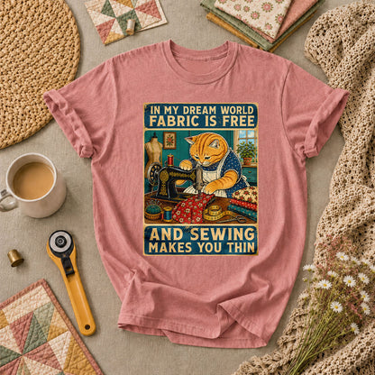 In My Dream World Fabric Is Free Sewing Cat T-Shirt - Heather Mauve