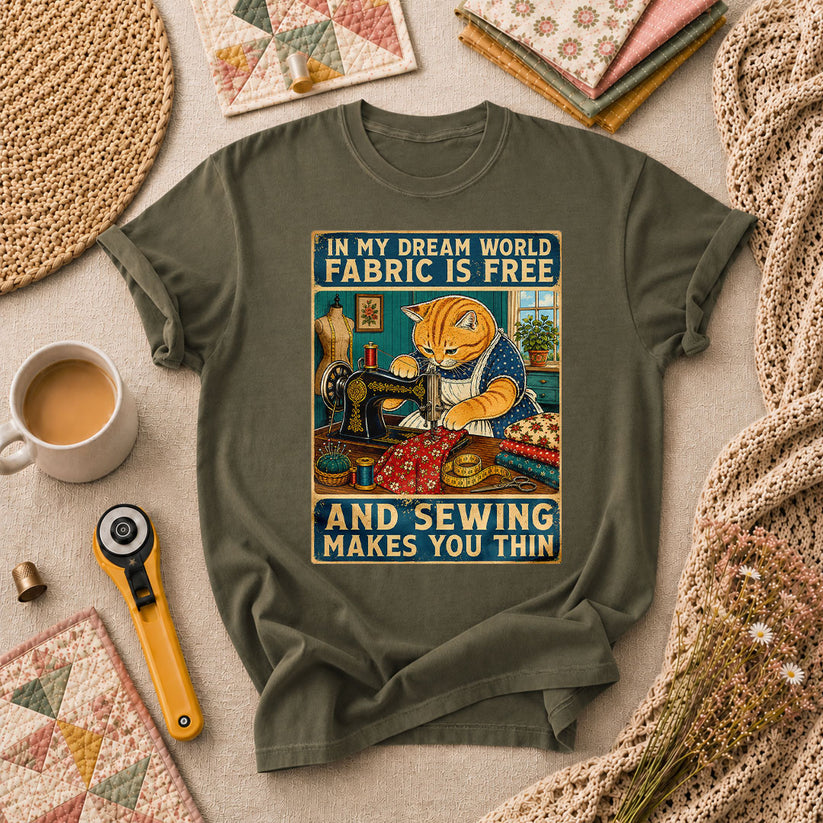 In My Dream World Fabric Is Free Sewing Cat T-Shirt - Military Green