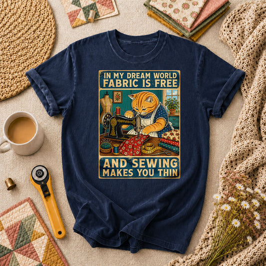 In My Dream World Fabric Is Free Sewing Cat T-Shirt - Navy
