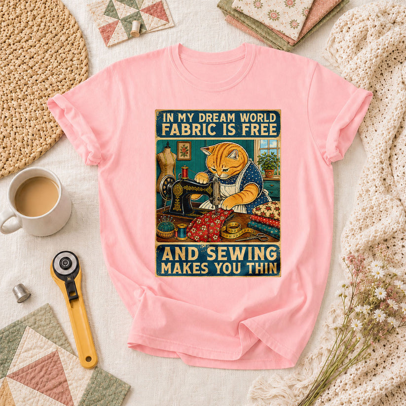 In My Dream World Fabric Is Free Sewing Cat T-Shirt - Pink